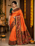 Surmayi Orange Soft Silk Paithani Saree with Lotus & Peacock Copper Zari Pallu