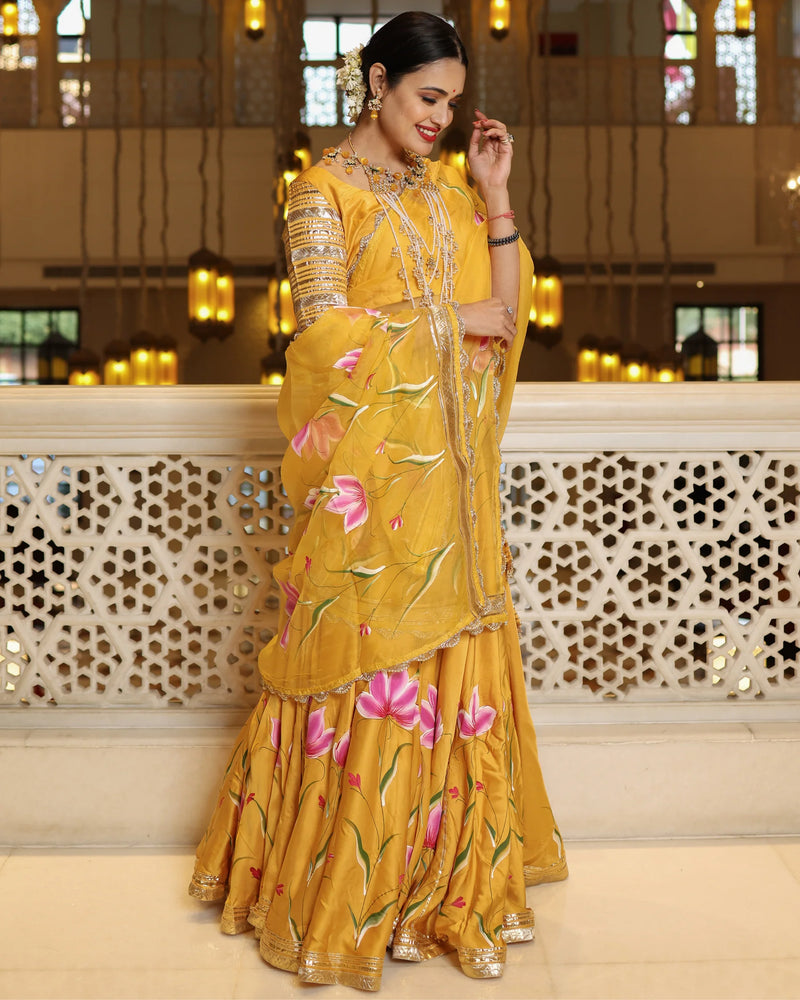 Hand-Painted Floral Satin Lehenga Set