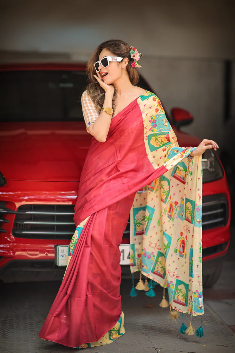 Red Mul Cotton Handcrafted Saree