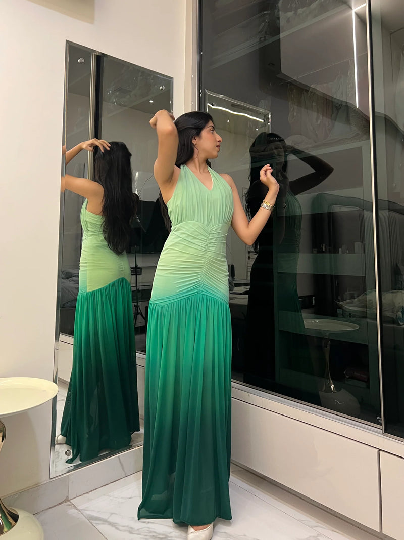 Green Mesh Lycra Flared Gown