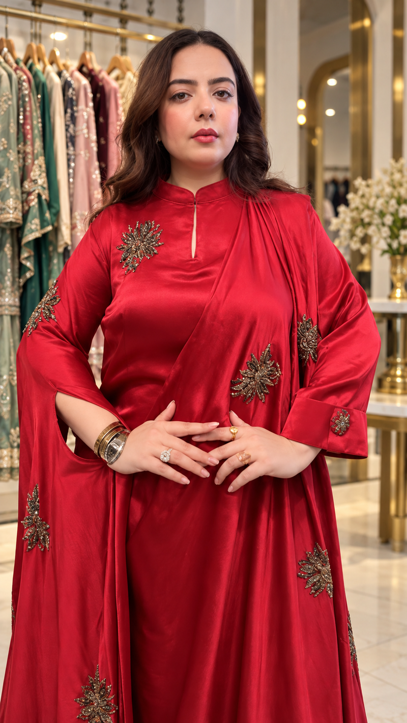 Crimson Elegance Embellished Draped Satin Gown