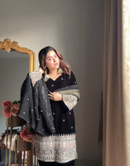 Black velvet heavy embroidered sharara set
