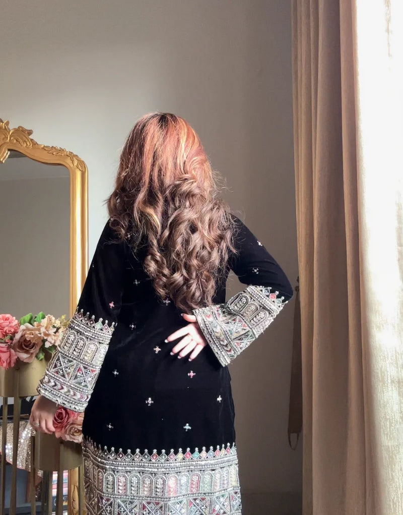 Black velvet heavy embroidered sharara set