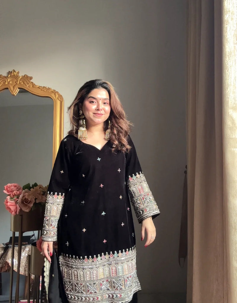 Black velvet heavy embroidered sharara set