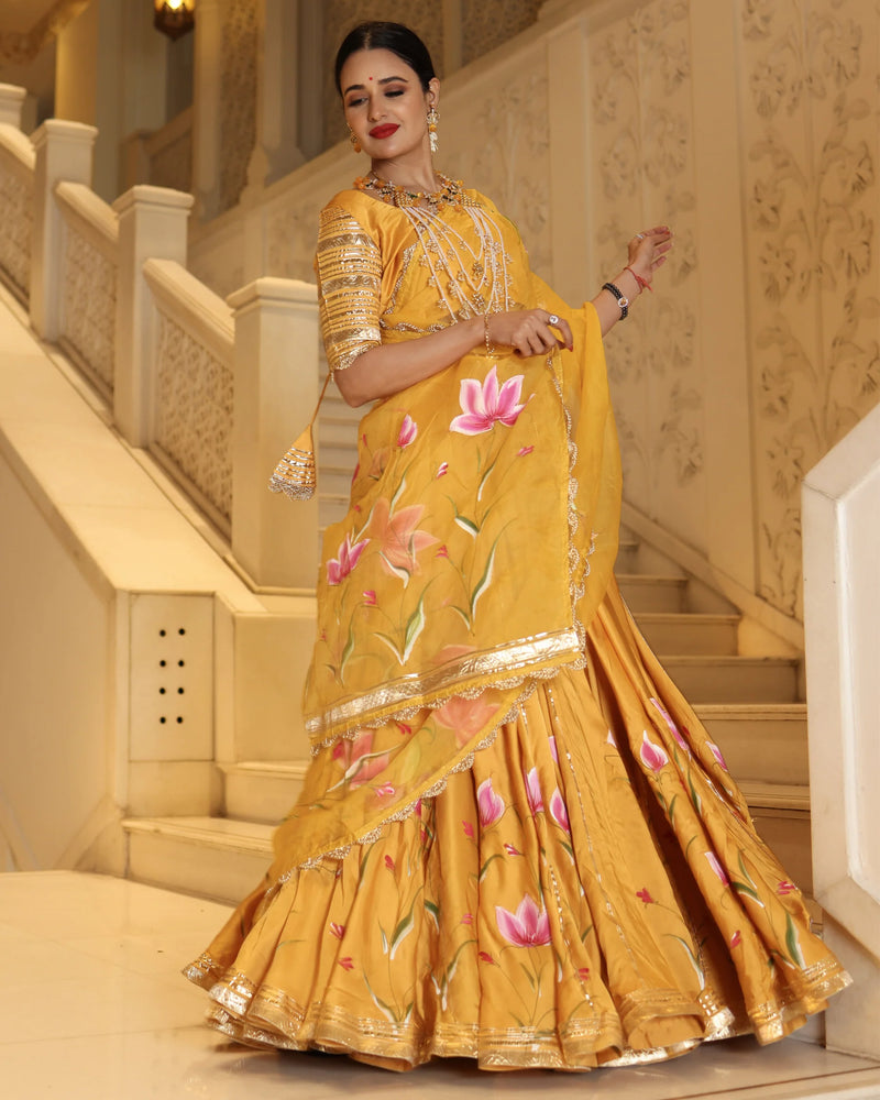 Hand-Painted Floral Satin Lehenga Set