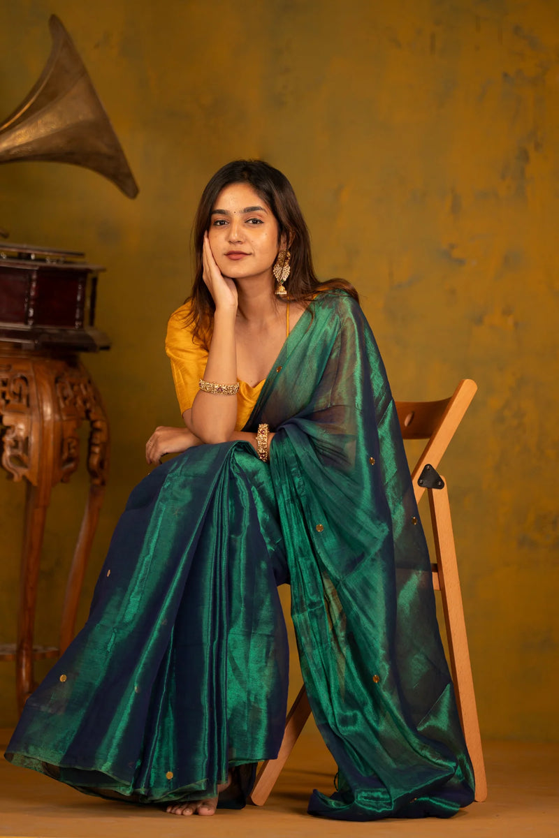 Emerald Green Tissue Mul Cotton Saree