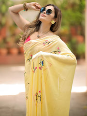 Yellow Mulmul Hand-Embroidered Saree