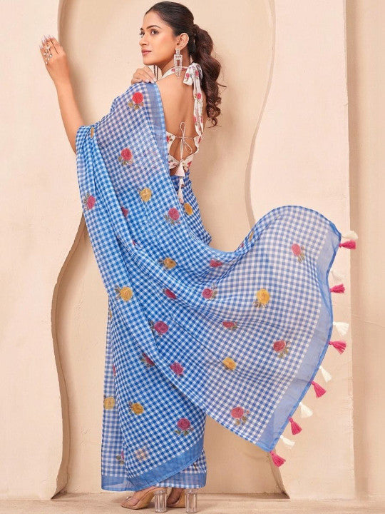 Silk  Floral Checked Woven Design Border Saree