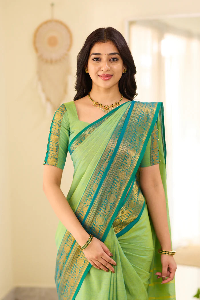 Mint Aura Chettinad Cotton Saree with Zari Border