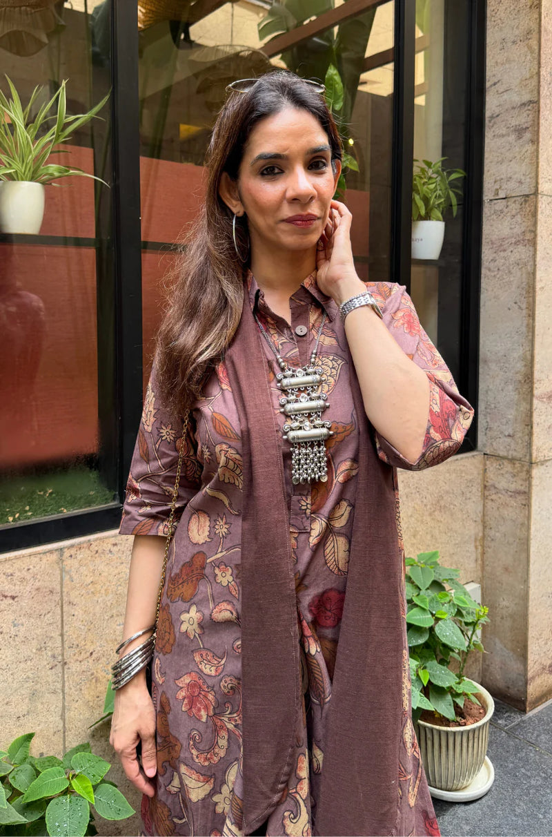Mocha Bloom Fusion Drape Cotton Dress