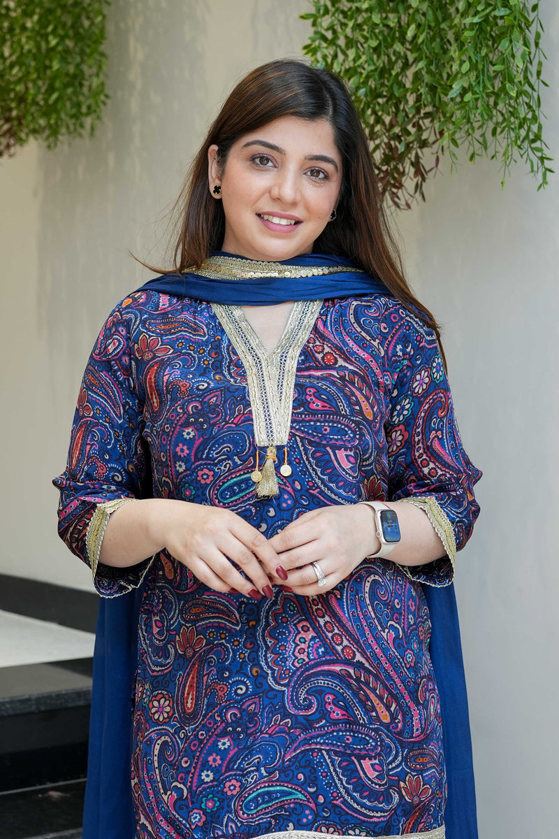 Royal Blue Printed & Lace Detailing Suit Set