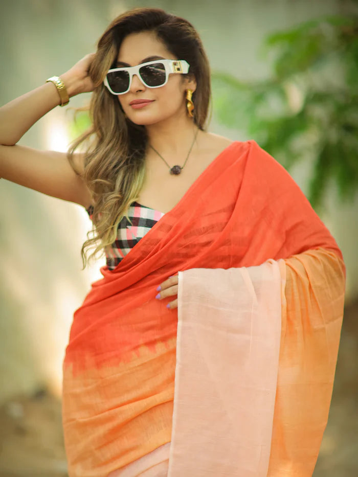 Peach Sunset Tie-Dye Mul Mul Cotton Saree