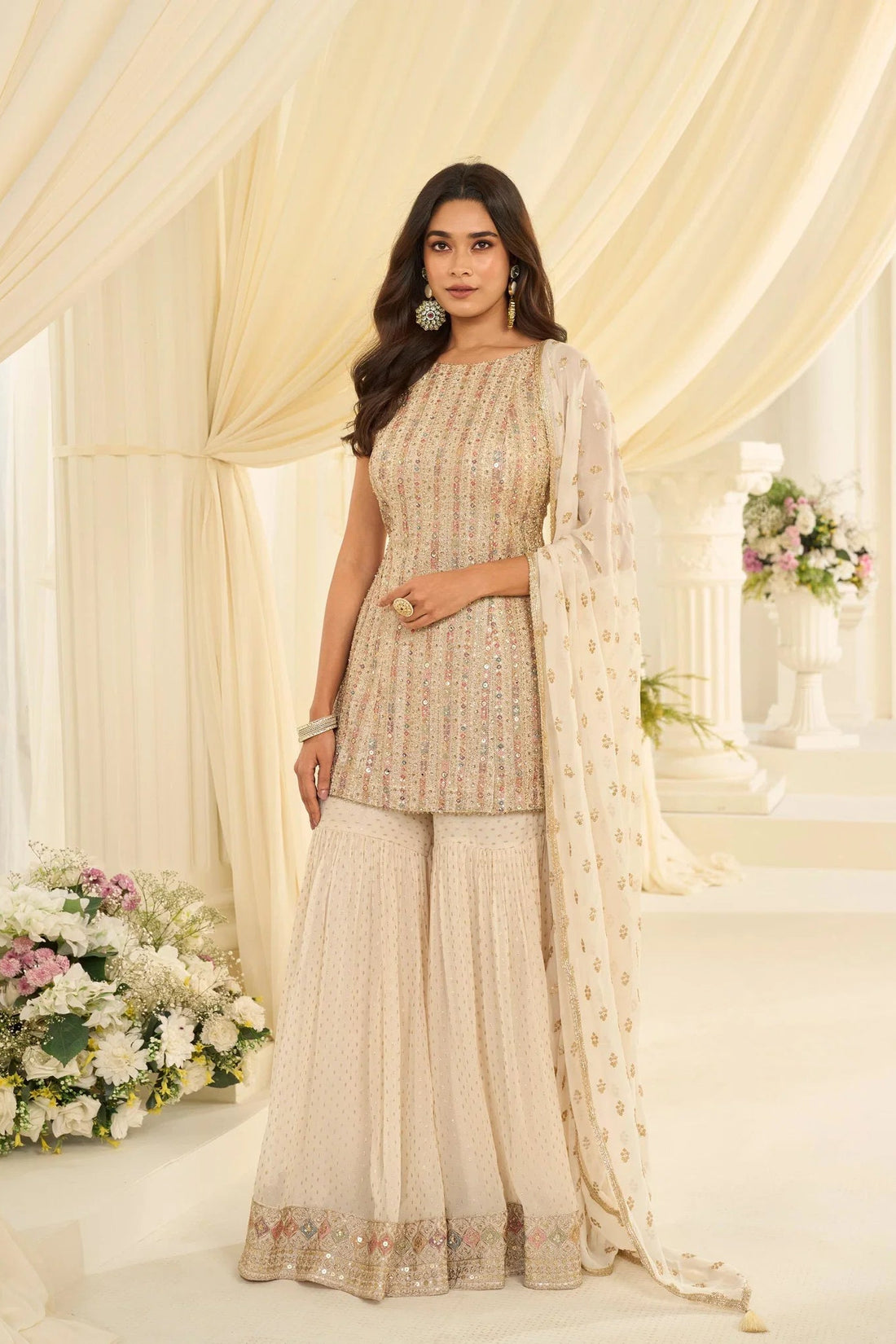 Pastel Mint Green Embroidered Top Bottom Set with Dupatta