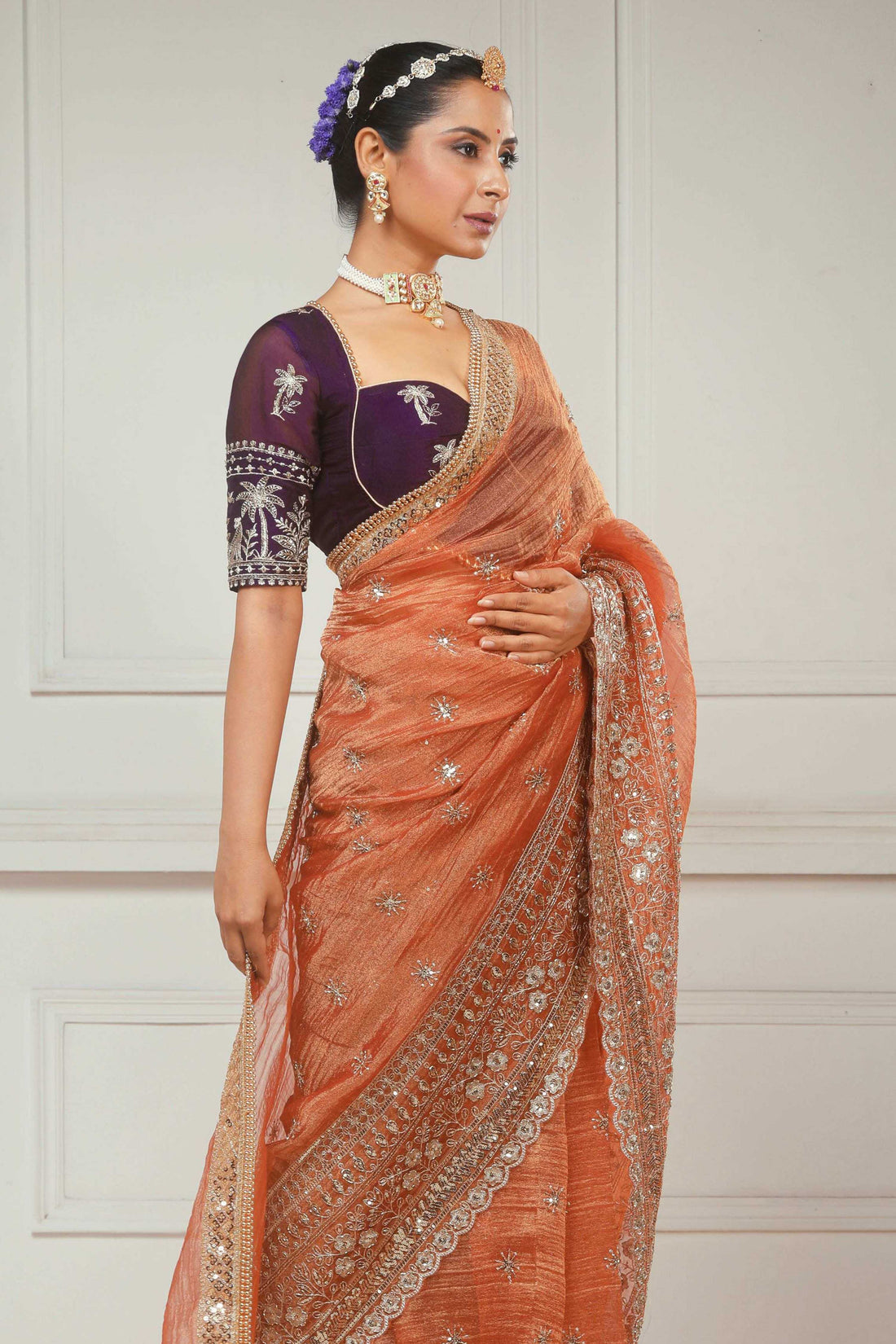 Crush Tissue Saree with Dark Wine Shimmer Tissue Blouse