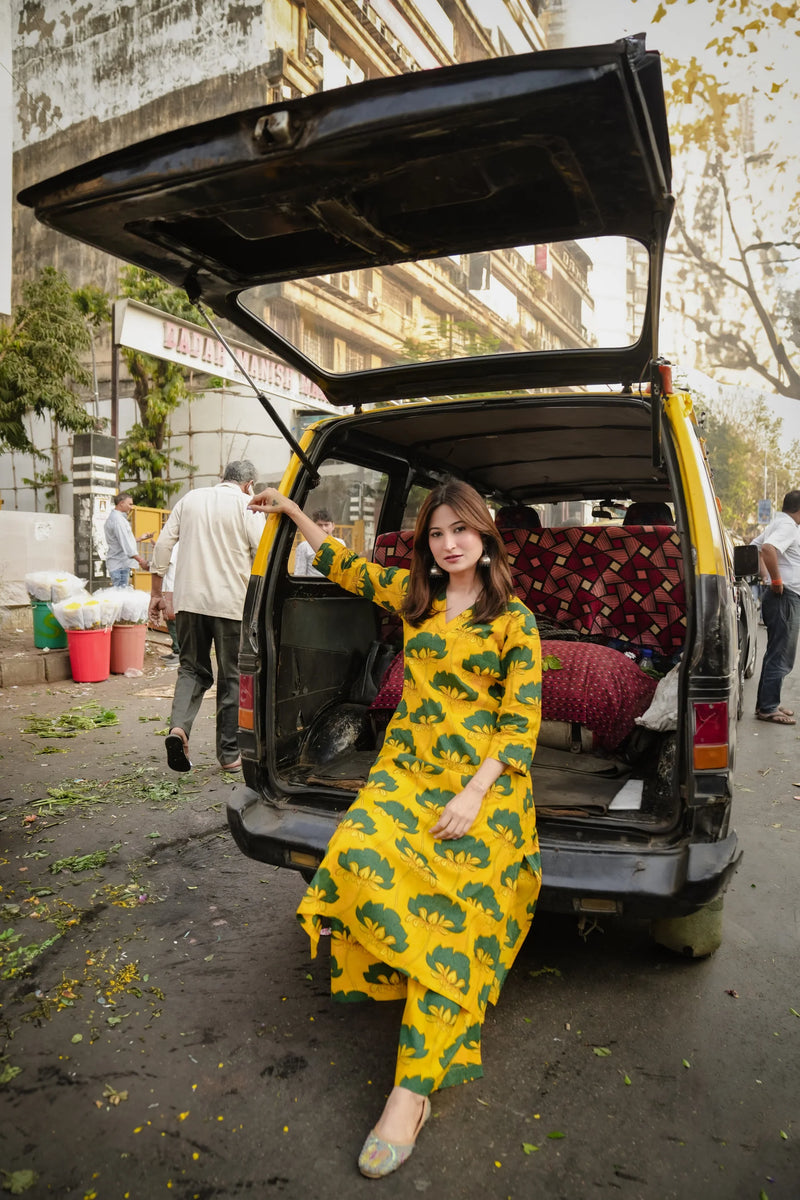 Saina Yellow A-Line Suit Set- By Reet Lifestyle