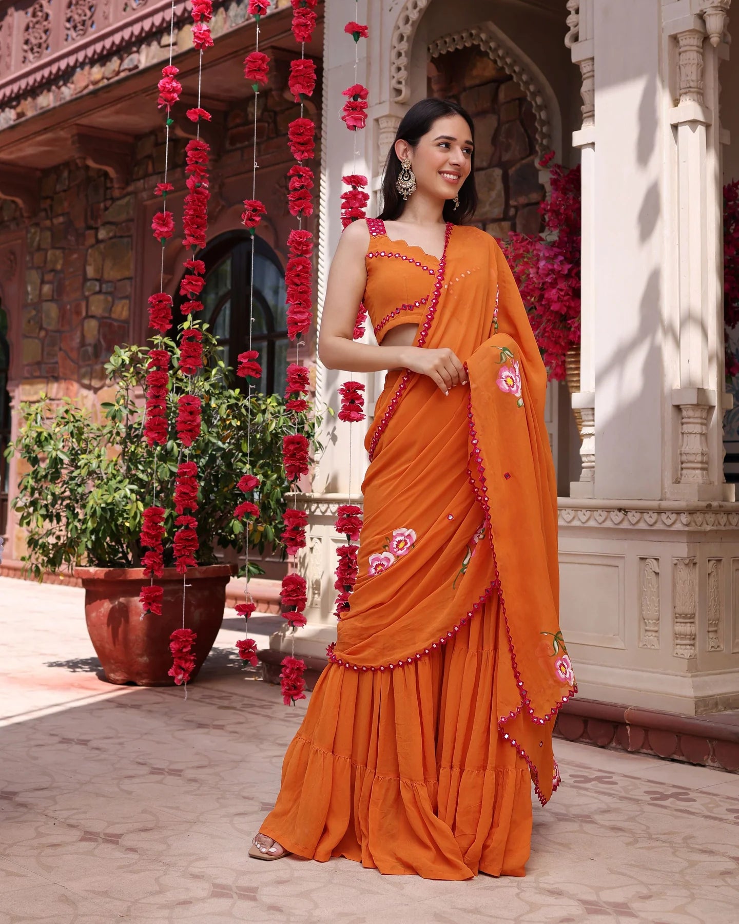 Orange Mirror Work Hand painted Georgette Pre-Draped Saree with Blouse