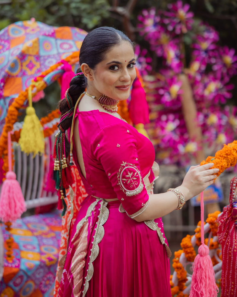 Elegant Pink Satin Lehenga Set with Stitched blouse