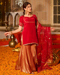 Red Solid Satin Sharara Set