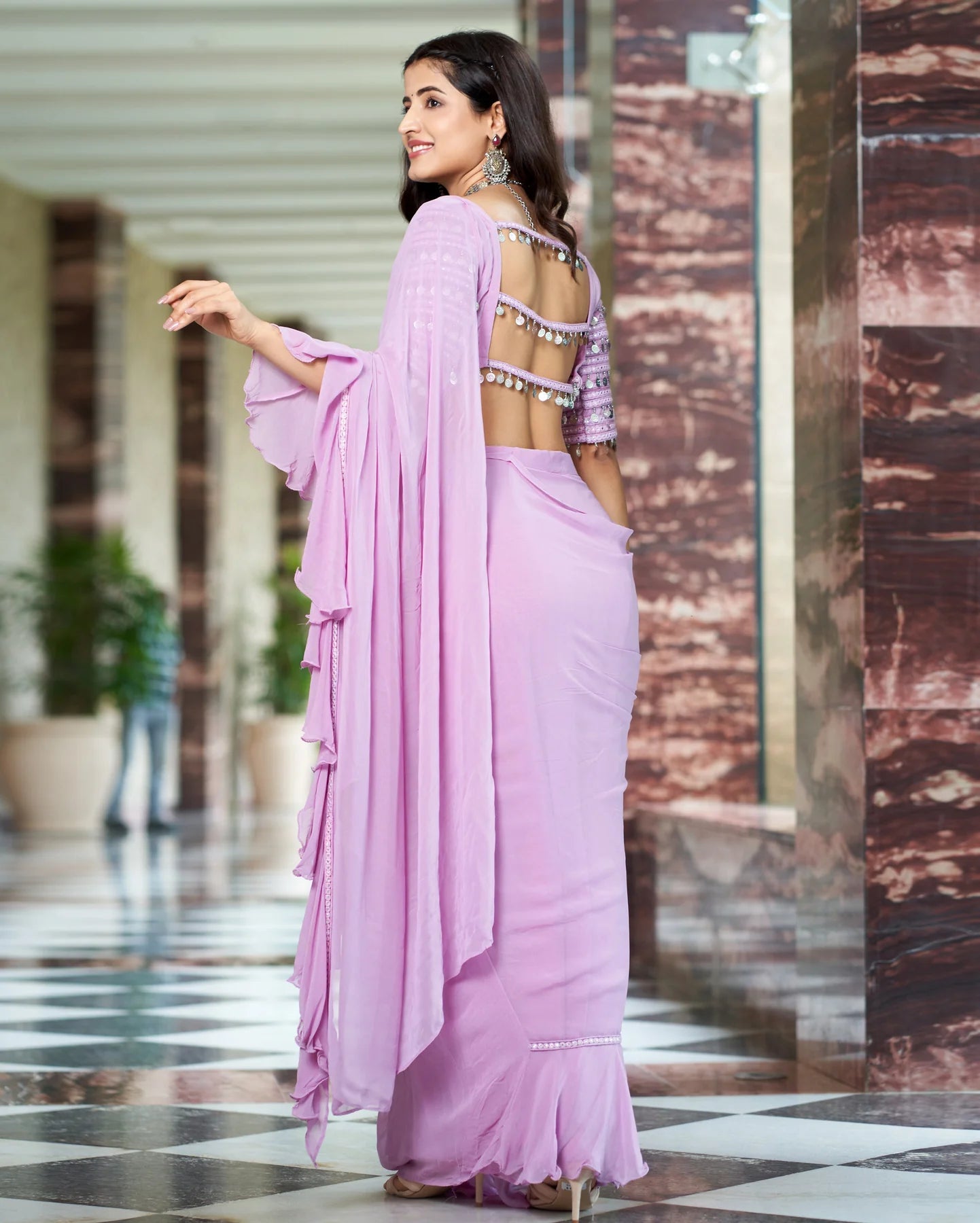 Lavender Georgette Solid Pre-Draped Saree with Blouse
