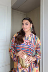 Cotton Silk Printed Top With Satin Dhoti