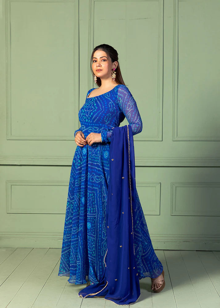 Bandhani Asymmetric Neck Anarkali with Dupatta