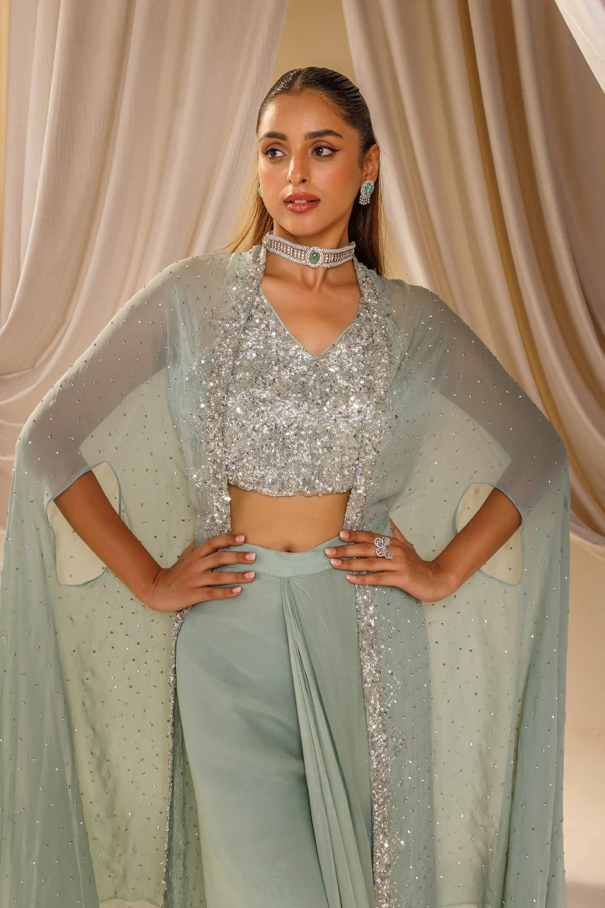 Pastel Majesty Georgette Cape Set - Indo-Western