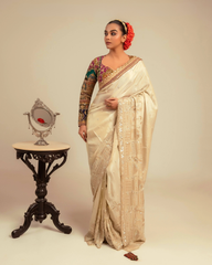 Ivory White Viscose Tissu desginer  Saree with  Blouse