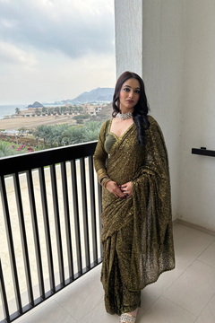 Moss Green Georgette Sequins Saree