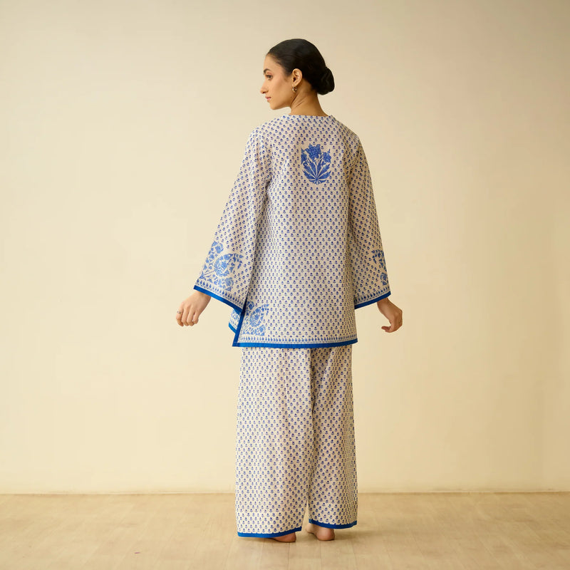 Mulmul Cotton Farsi Set in Jaipur Blue- By Reet Lifestyle