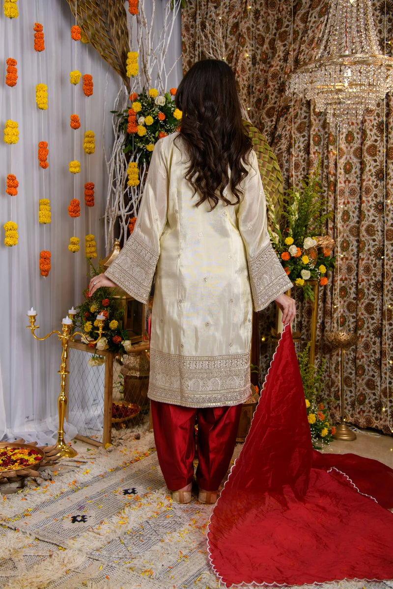 Beige And Red Tissue Kurta Set- By Reet Lifestyle