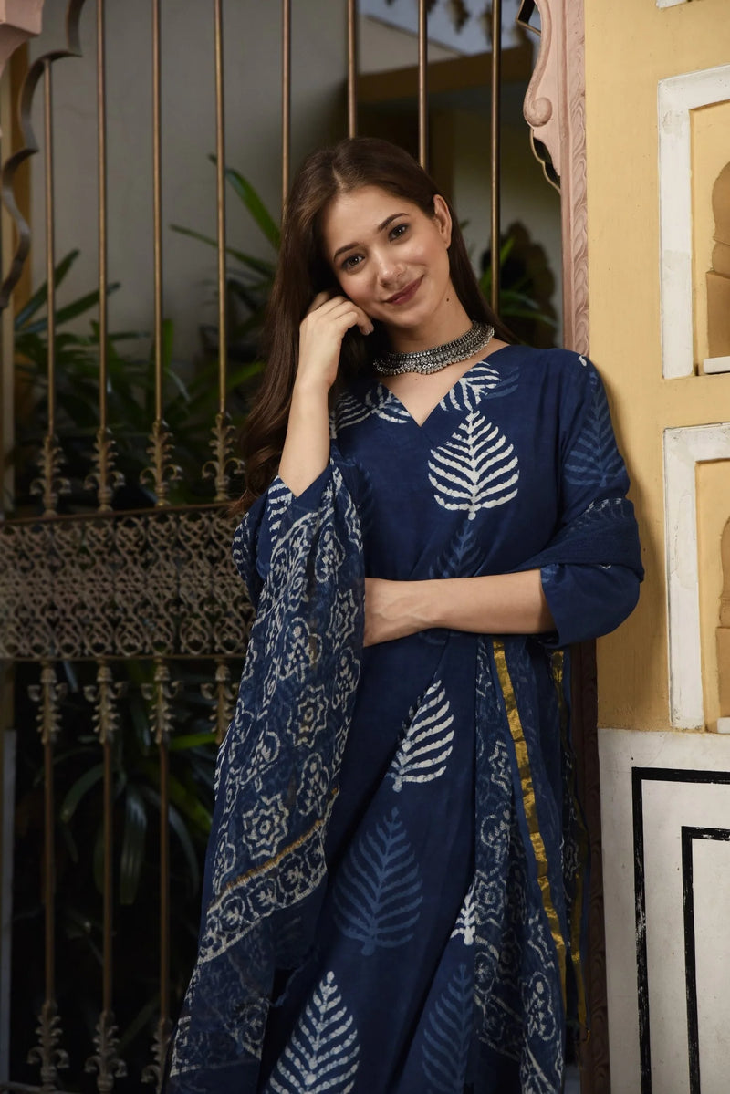 Indigo Leaf Straight Suit Set- By Reet Lifestyle