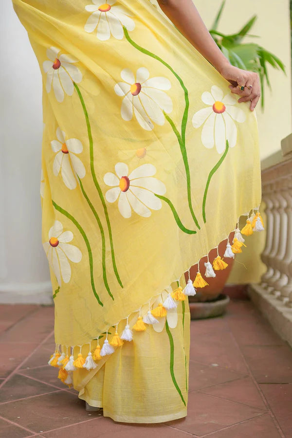 Yellow Hand Painted Mulmul Cotton Saree- By Reet Lifestyle