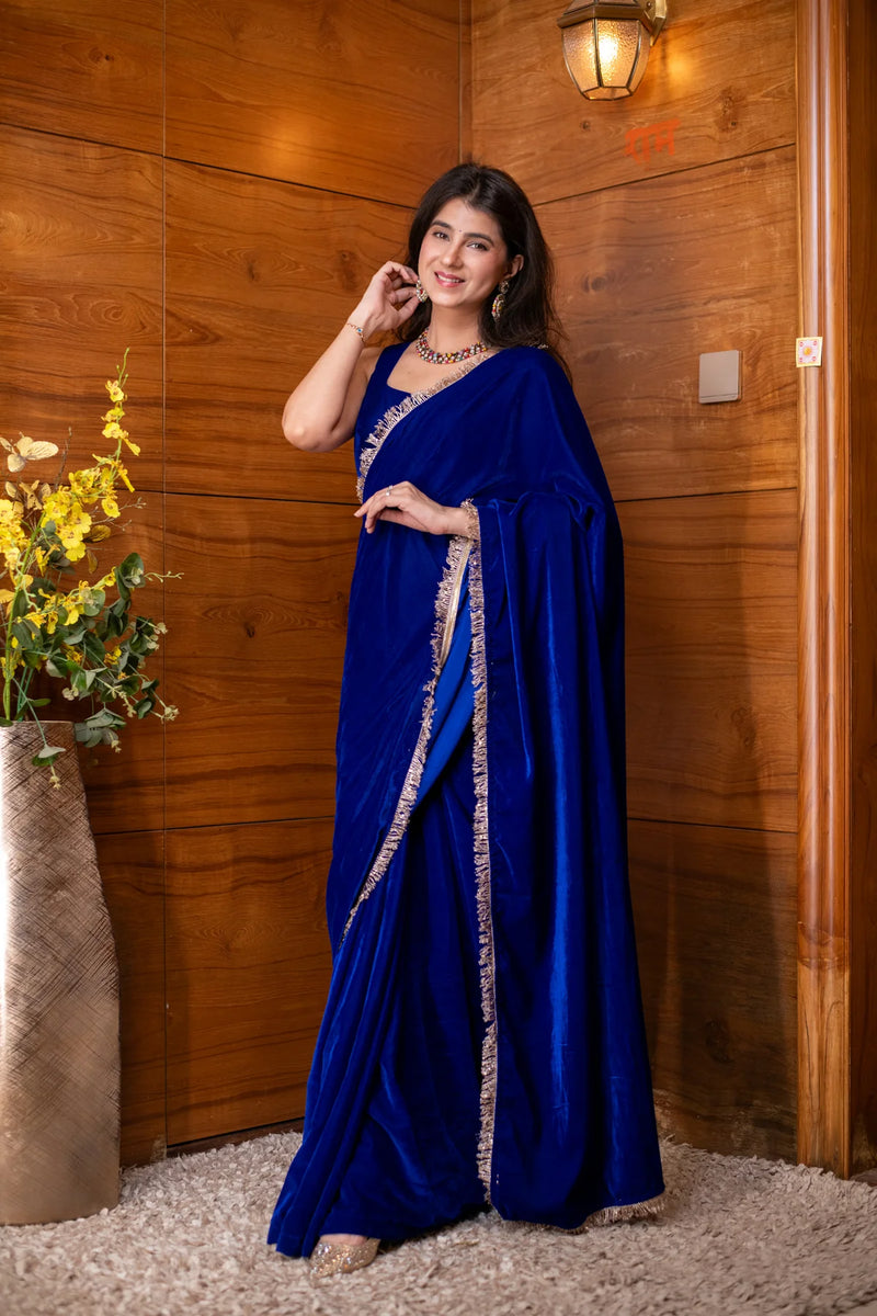 Velvet Electric Blue Ready-to-Wear Saree- By Reet Lifestyle