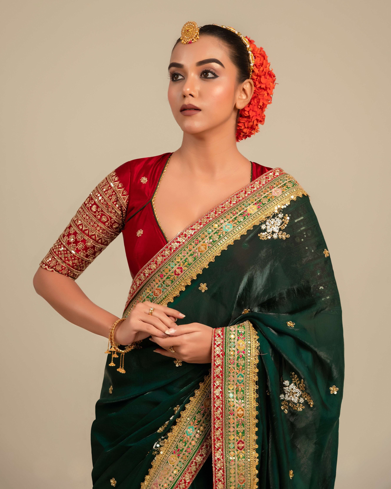Deep Red saree with Blouse Gaji Silk Elbow Sleeve Saree With Blouse