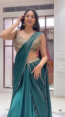 Green Premium Georgette Mirror Work Pre-Draped Saree with Blouse