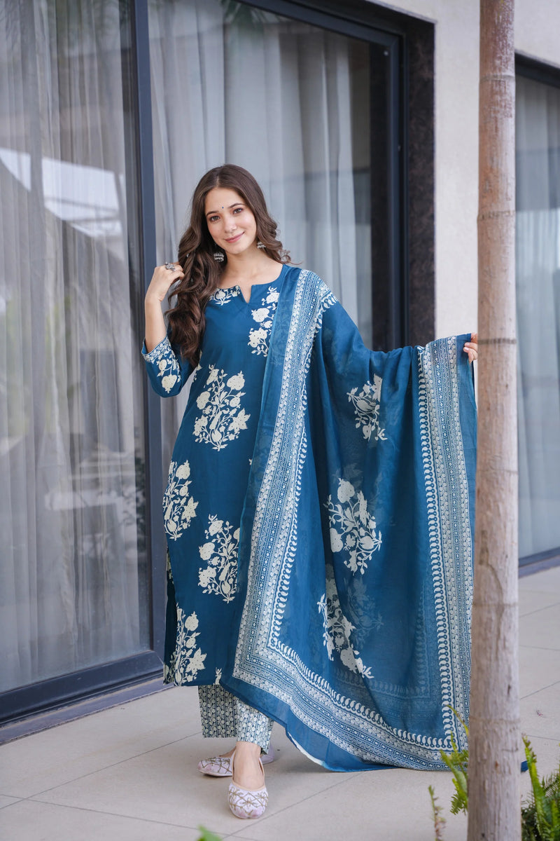 Ramya Blue Cotton Suit Set- By Reet Lifestyle
