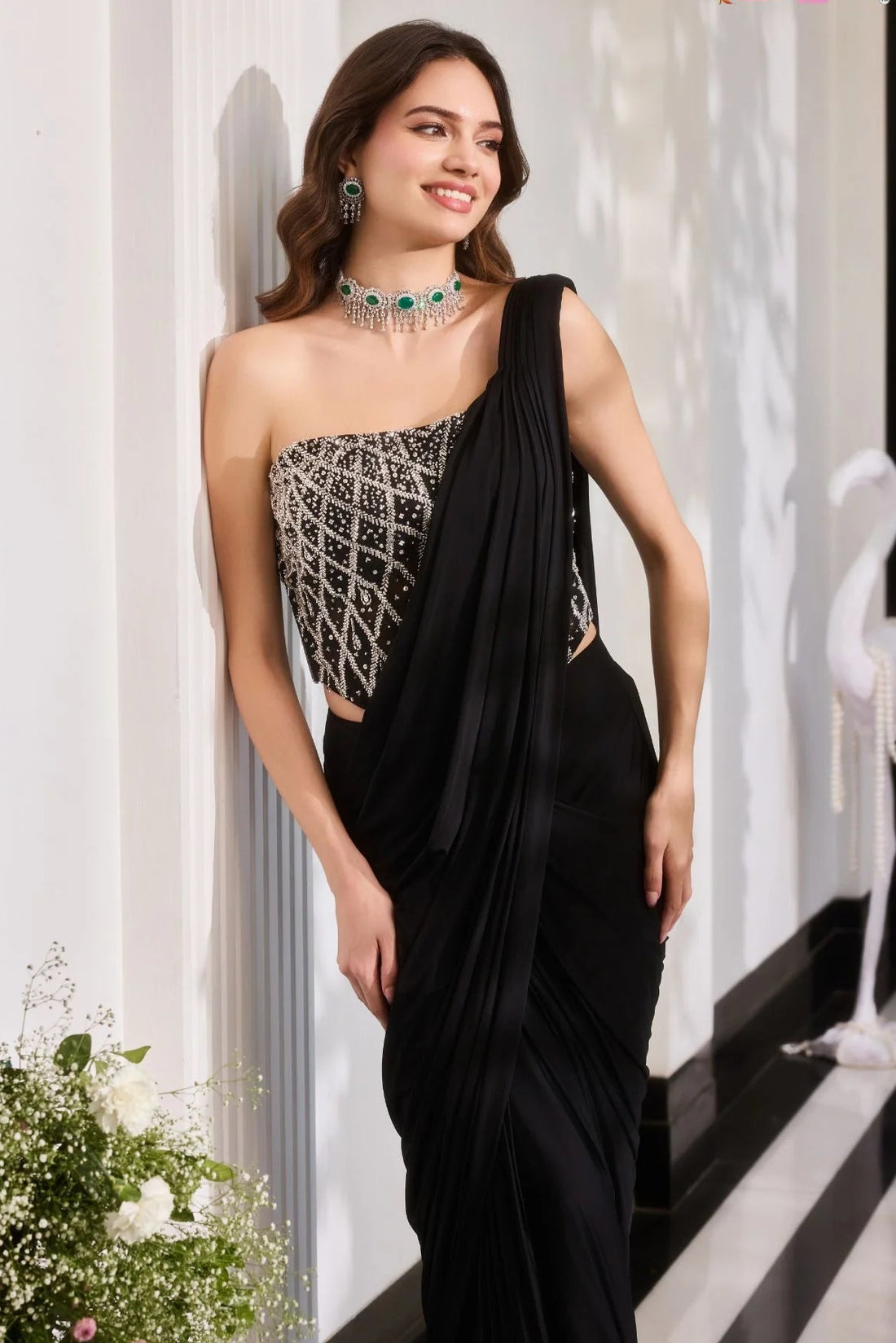 Noor Black Beadwork Pre-Draped Saree with Blouse