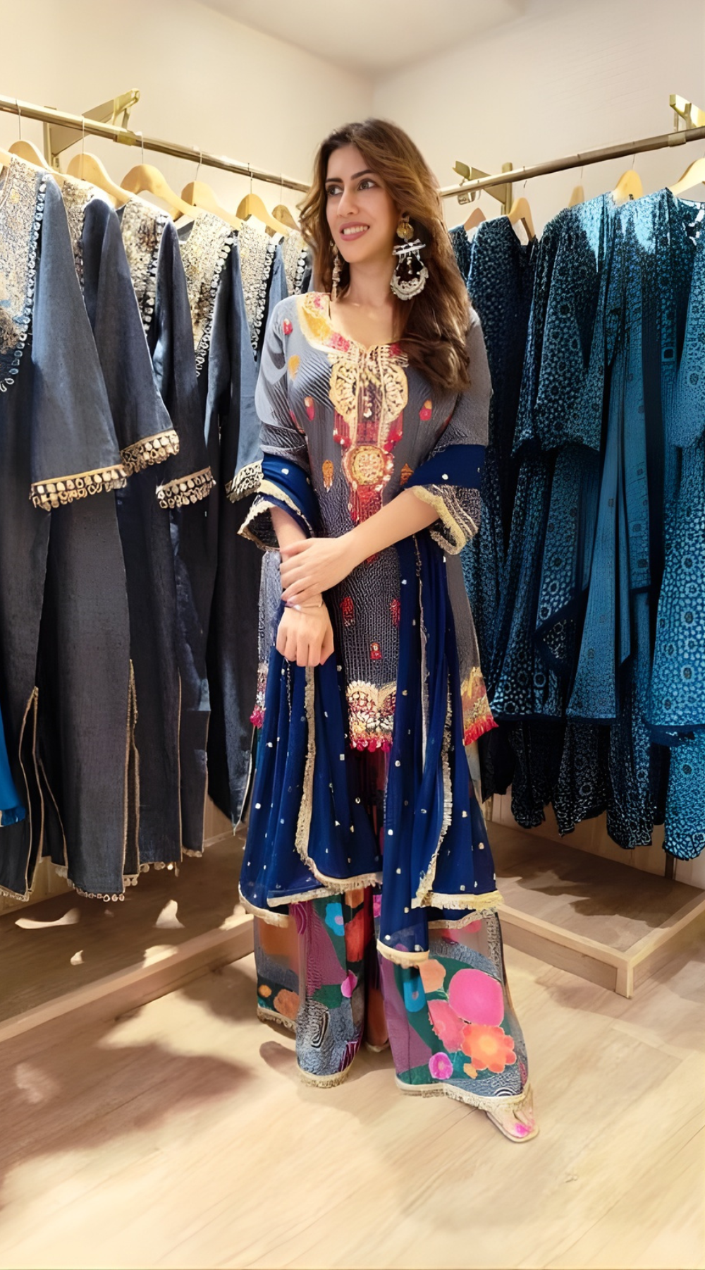 Blue Multicolor Crepe Mirror Work Sharara Set