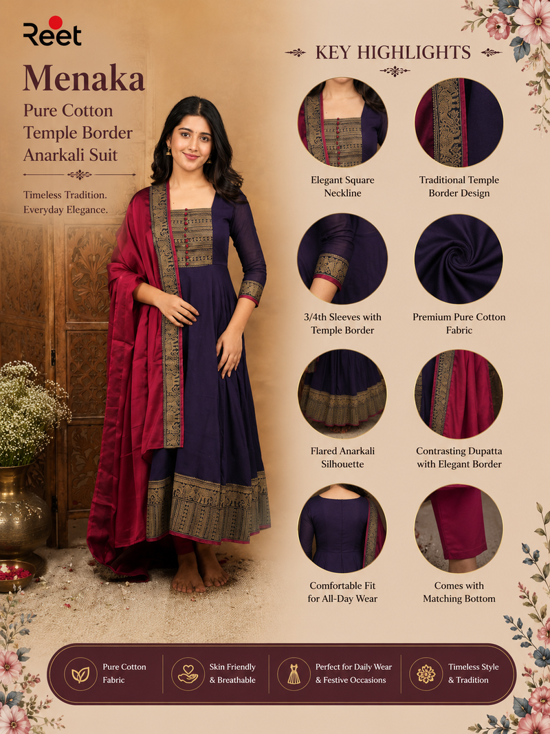 Menaka Pure Cotton Temple Border Anarkali Suit