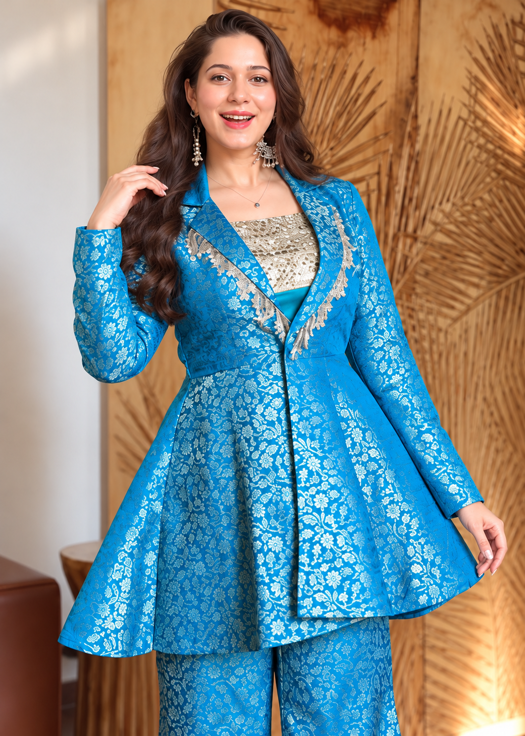 Azure Bloom Embroidered Western Fusion Set