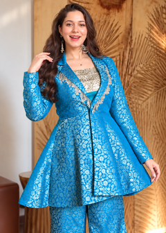 Azure Bloom Embroidered Western Fusion Set