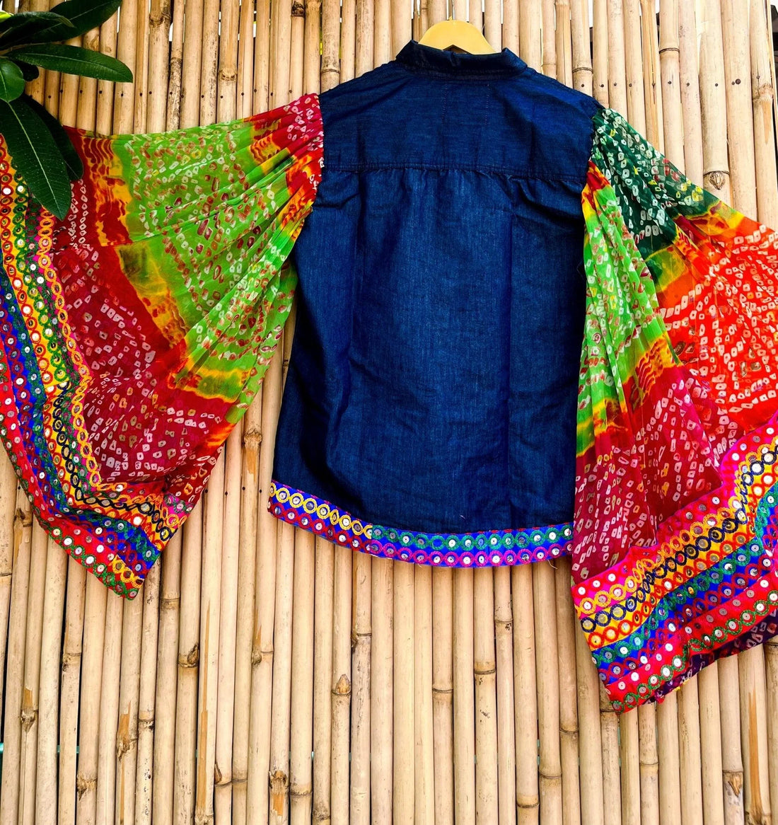 Fusion Denim Peplum shirt with Bandhani Silk Frill & Zari Accents