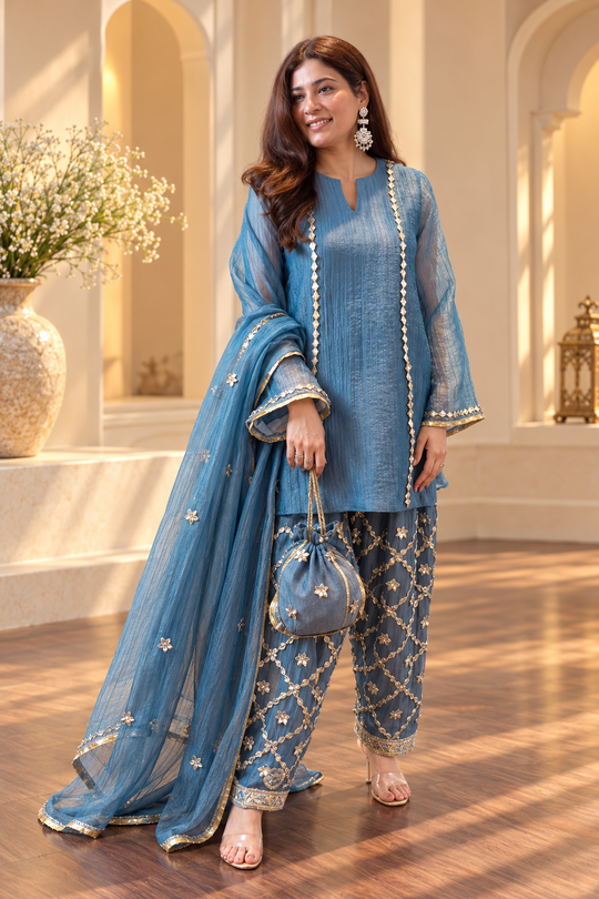 Royal Gota Patti Work Pakistani Kalidar Suit Set in Pure Crushed Tissue
