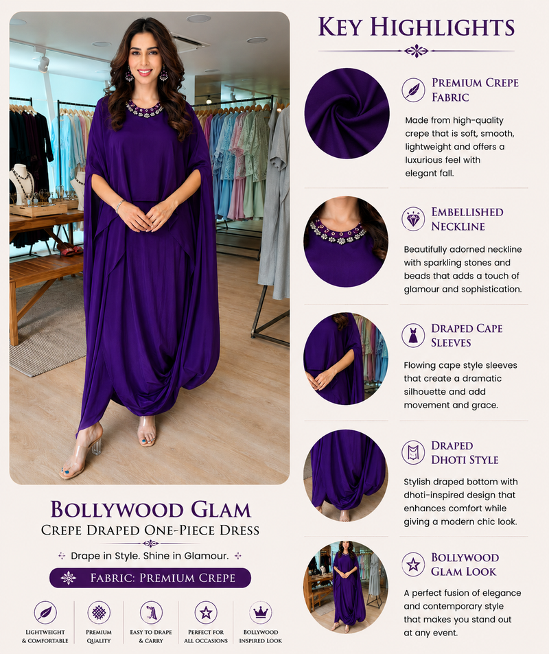 Bollywood Glam Crepe Draped One-Piece Dress