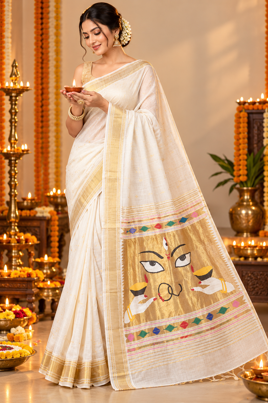 Traditional Maharashtrian Devi Varn Temple Design Zari Border Cotton Paithani Saree