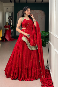 Rang-Riwaayat Red Bandhej Satin Chiffon Navratri Lehenga Set