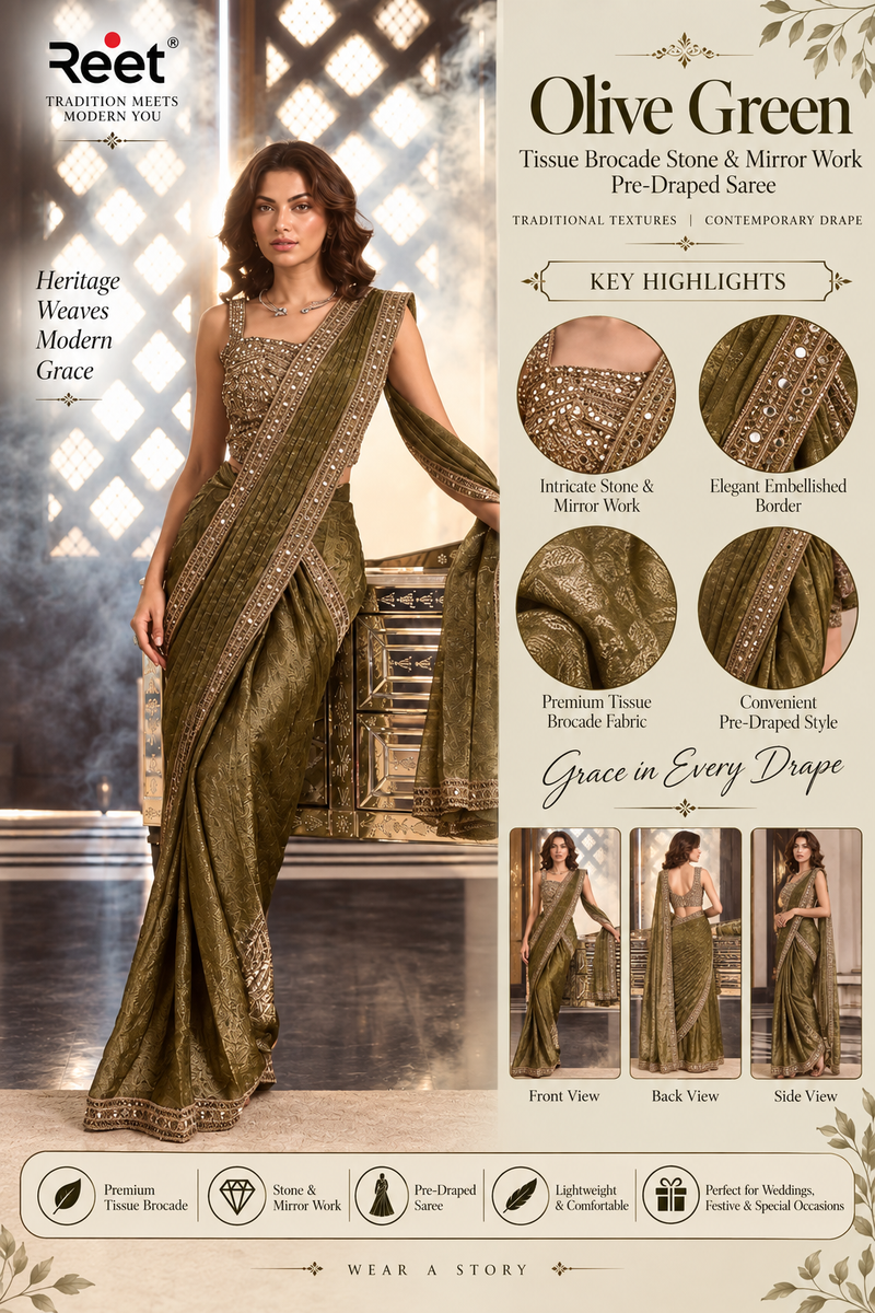 Olive Green Tissue Brocade Stone & Mirror Work Pre-Draped Saree
