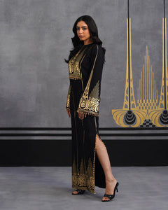 Royal Luxurious Noir Gold Foil Kaftan Dress