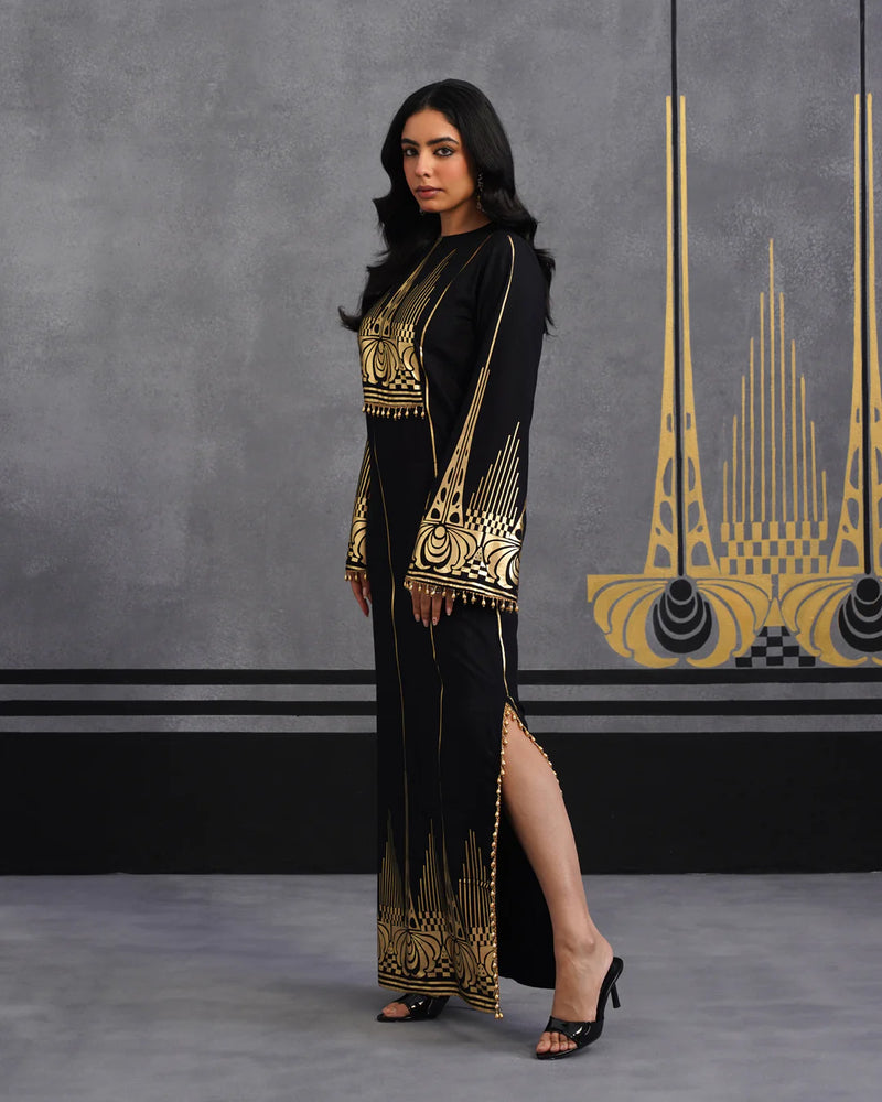Royal Luxurious Noir Gold Foil Kaftan Dress