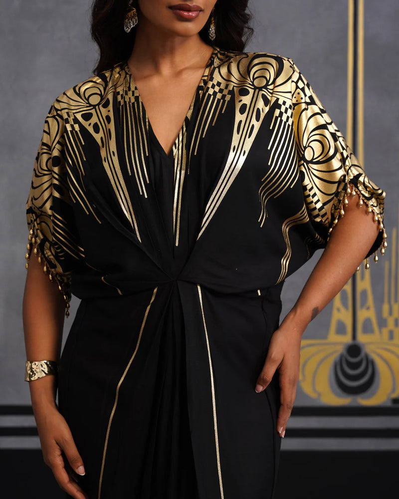 Midnight Gold Foil Draped Kaftan Dress